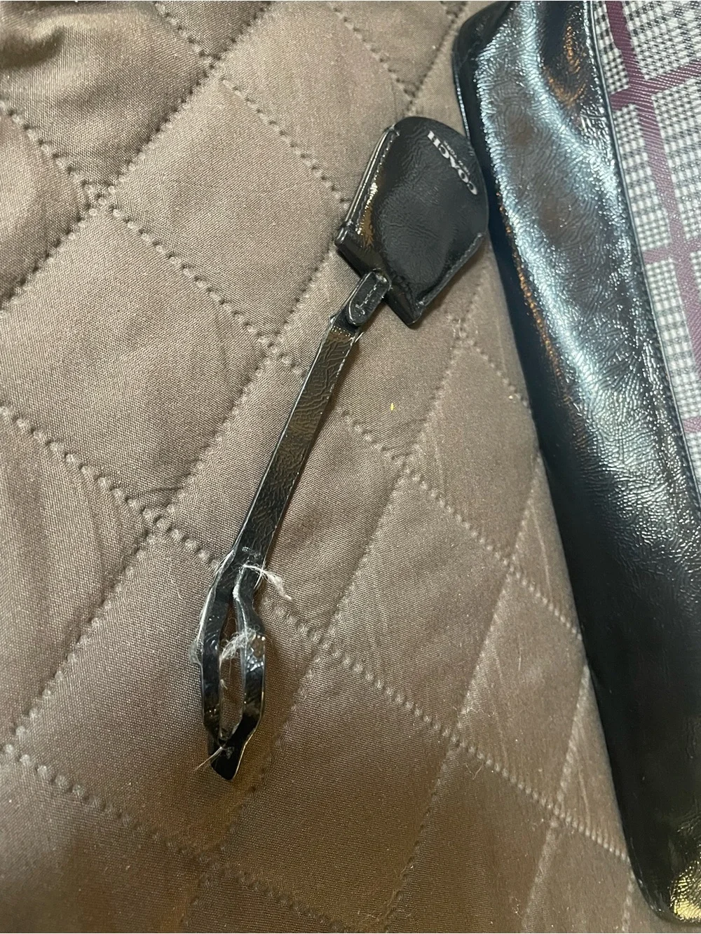 Coach Black Patent Leather Cora Glen Plaid Dome Satchel with Burgundy Accents